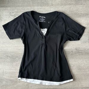Pastel Black Short-Sleeve Henley Top with white layer Y2K
